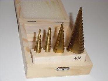 Burgije: Set stepenastih burgija u drvenoj kutiji - 4 komada titanisano — 6