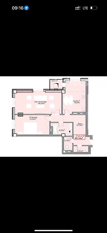 14: 2 комнаты, 88 м², Асанбай мкр Элитка, 6 этаж, ПСО (под самоотделку) — 2