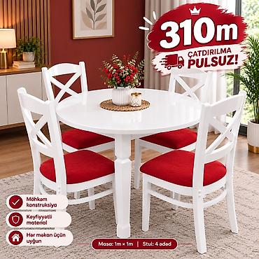 Ağ rəngdə dairəvi yemək masası və 4 ədəd stul komplekti