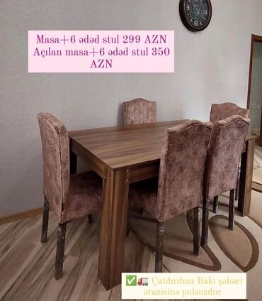 Masalar: Qonaq otağı üçün, Yeni, Açılmayan, Dördbucaq masa, 6 stul
