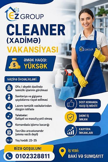 Работа: EZ Group – Cleaner (Xadimə) vakansiyası Təsvir: - Ofis və digər — 1