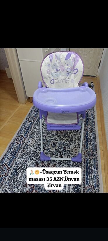 uwaq kalyaskasi type 1: Uşaq üçün yemək stulu/masası – bənövşəyi rəngdə, “Bunnies” naxışlı