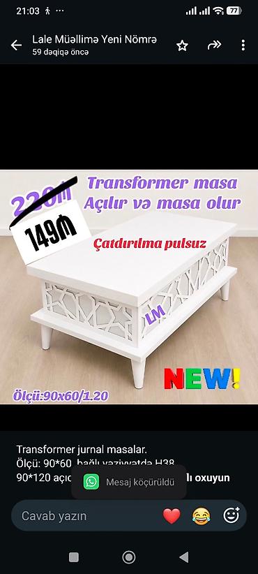 perla stol: Transformer jurnal masalar. Ölçü: 90*60 bağlı vəziyyətdə H38 90*120 — 1
