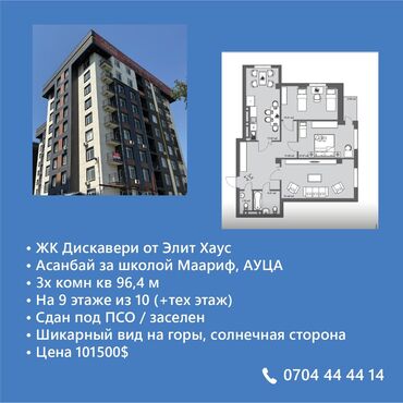 квартира пригород: 3 комнаты, 96 м², Элитка, 9 этаж, ПСО (под самоотделку)