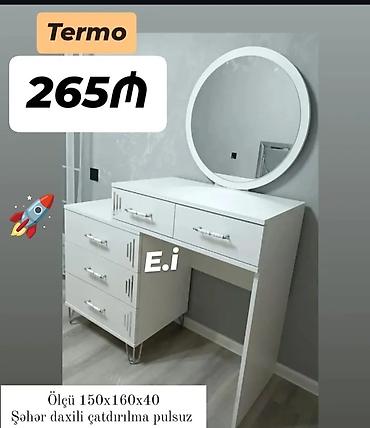 termo mebel: Ağ rəngdə termo materialdan makiyaj/komod masası və dairəvi güzgü — 1