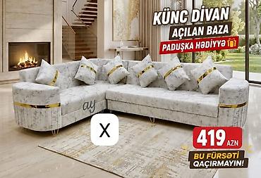 Divanlar: Künc divan – açılan baza ilə - Rəng: açıq boz mərmər naxışlı parça - — 1