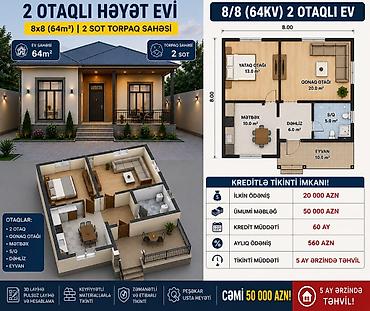 seyf demir qapi: 2 otaqlı həyət evi – 8x8 planla tikinti xidməti Ümumi ev sahəsi: 64 — 1