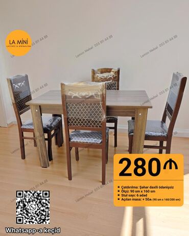 барные стулья: Qonaq otağı üçün, Açılan, Dördbucaq masa, 6 stul
