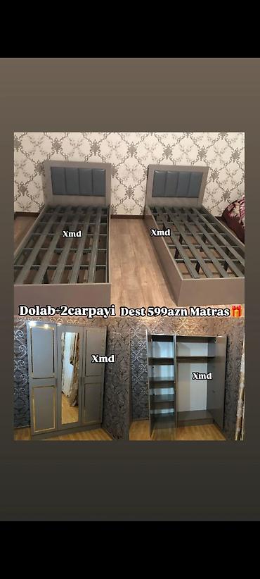 Yataq otağı dəsti – Dolab + 2 çarpayı Qrey rəngdə modern dizayn. Dəst