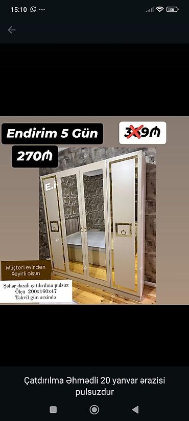 Endirim 5 gün! Şkaf – 270₼ (əvvəl 390₼) - Model: 4 qapılı paltar