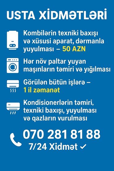 Kombilərin, paltaryuyan maşınların və kondisionerlərin təmiri, texniki