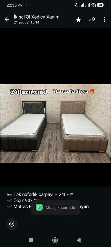 Мебель: 🛏️ Tək nəfərlik çarpayı – 240₼!* ✔ Ölçü: 90x2m ✔ Matras HƏDİYYƏ 🎁 — 1