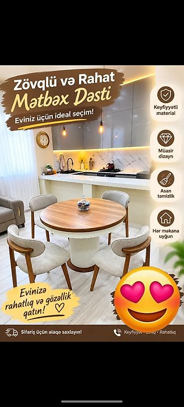 Mətbəx üçün, Yeni, Açılmayan, Yumru masa, 4 stul