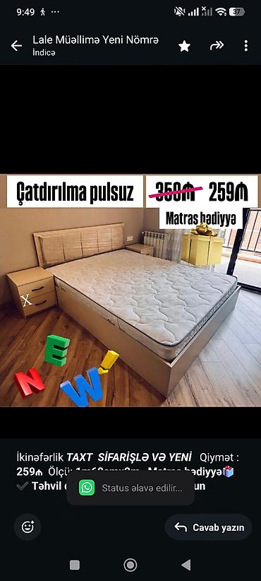 кровать 2 спальная: İkinəfərlik _*TAXT*_ _*SİFARİŞLƏ VƏ YENİ*_ Qiymət : *259₼* Ölçü — 1