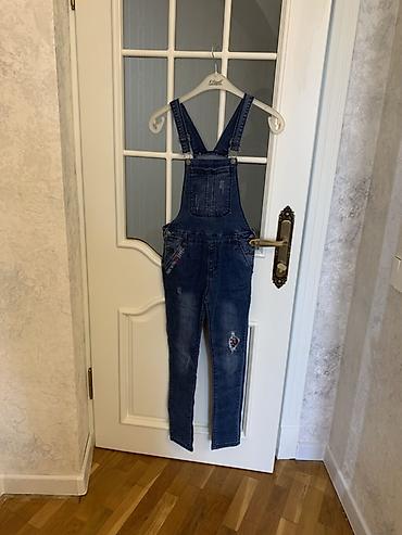 Tulumlar: Cins kombinezon - Rəng: tünd mavi denim - Model: dar kəsim şalvarlı — 2
