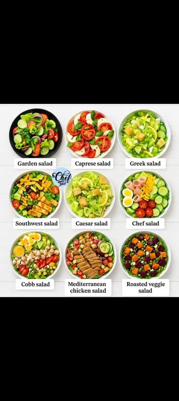 Готовые блюда, кулинария: Fərqli dad və tərkibli salat seçimləri. Hər bir salat növü özünəməxsus