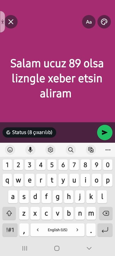 qaqa saç stili: Xidmət: “Status” üçün mətn yazısı - Ekrandakı nümunə mətn: “Salam