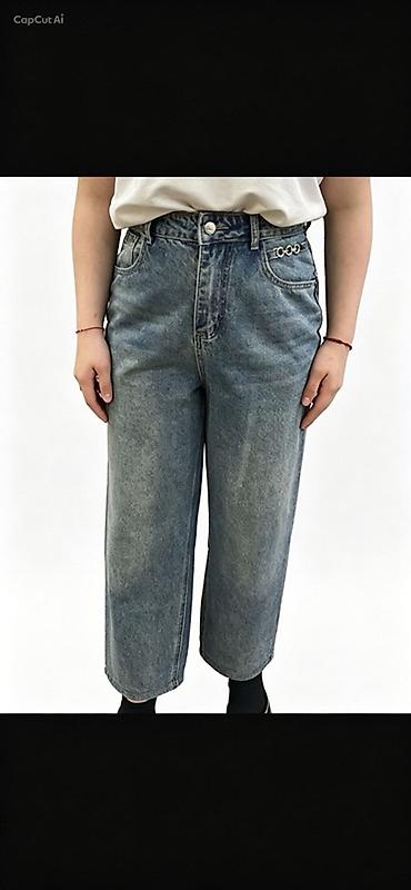 kisi geyimləri: Qadınlar üçün yüksək belli, düz kəsimli denim şalvar. - Rəng: orta — 1