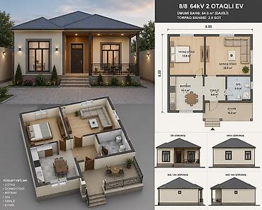 seyf demir qapi: 2 otaqlı həyət evi – 8x8 planla tikinti xidməti Ümumi ev sahəsi: 64 — 2