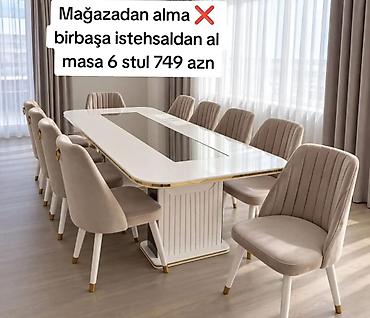 Yemək otağı dəsti – masa + 6 stul - Üslub: müasir, zərif xətlər və