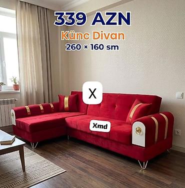Диваны: Künc divan – 260 × 160 sm Qiymət: 339 AZN - Parlaq qırmızı rəngli — 1