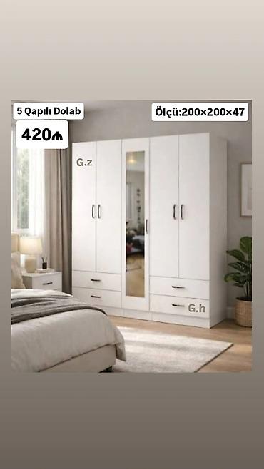 ayna qapi: 5 qapılı paltar dolabı - Ölçü: 200 × 200 × 47 sm - Rəng: ağ - Dizayn — 1