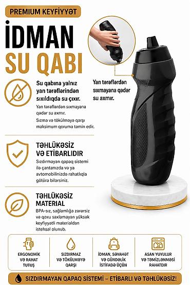 №: 8114 Məhsulun adı: İdman su qabı Squeeze, qara, polietilen, 600 ml
