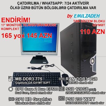 Masaüstü kompüterlər və iş stansiyaları: Masaüstü Kompüter "DDR3/Core 2 Duo E7500/4GB Ram/128GB SSD" ENDİRİM!!!