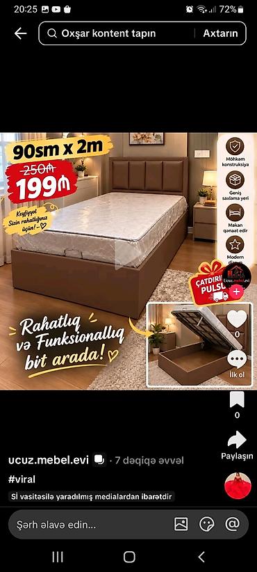 Ölçü: 90 sm x 200 sm tək nəfərlik çarpayı Xüsusiyyətlər: - Möhkəm