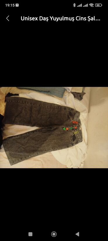 qara cins pencekler: Unisex daş yuyulmuş cins şalvar - Rəng: tünd boz (stone-wash