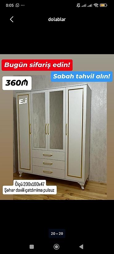 Ağ-qızılı detallı 4 qapılı paltar dolabı - Ölçü: 200 x 160 x 47 sm -