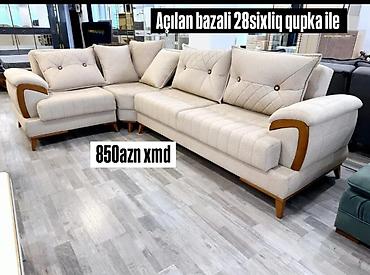mebel evi: Künc divan dəsti – açılan mexanizmli və bazalı model. Yumşaq krem — 1