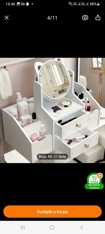 Neseseri: Organizator za kozmetiku u beloj boji sa ogledalom. Poseduje dve fioke — 8