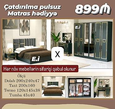 Ev üçün mebel: Yataq otağı dəsti Tərkibi: - Taxt: 200×160 - Şkaf (4 qapılı, güzgülü — 1