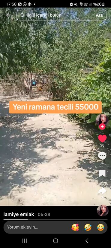 Qazanlar: Yeni Ramanada təcili satılan torpaq sahəsi. Bu torpaq sahəsi Yeni