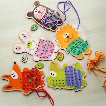 poklon za decake: Drvena igračka za učenje vezivanja – set životinjica - Edukativni set — 5