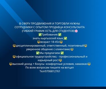 работа продавец: Сатуучу консультант. 1 жылдан аз тажрыйба