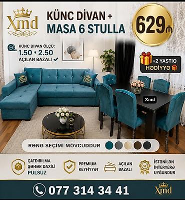 Masa və oturacaq dəstləri: Masa və 6 stul dəsti – Xmd • Komplekt: 1 yemək masası + 6 ədəd stul — 100