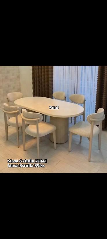 salon oturacaqlari: Oval formalı yemək masası dəsti, açıq bej tonlarında. - Masa: oval — 1