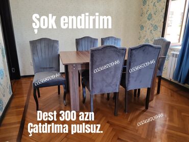 Masa və oturacaq dəstləri: Qonaq otağı üçün, Yeni, Açılmayan, Dördbucaq masa, 6 stul — 10