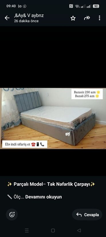 Mətbəx mebeli: ✨ *Parçalı Model*– *Tək Nəfərlik Çarpayı*✨ 📏 Ölçü: 90×2+ matras 🎁 🎨