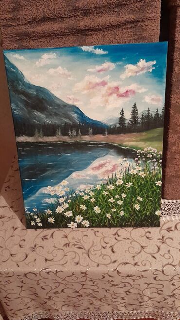 картины по номерам: Yağlı boya tablo – “Dağ gölü mənzərəsi” - Texnika: yağlı boya, kətan