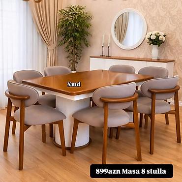 gencede islenmis mebeller: Yemək otağı dəsti – masa və 8 ədəd stul. - Masa: düzbucaqlı formalı — 1