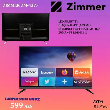 24 ekran smart tv: Zimmer smart TV Diaqnal 43 (109 sm) Smart TV Birkart kecərli Kredit at lalafo.az 24 ekran smart tv: Zimmer smart TV Diaqnal 43 (109 sm) Smart TV Birkart kecərli Kredit