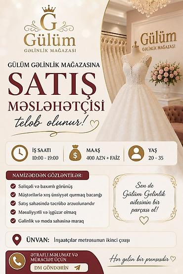 Satış: Satış məsləhətçisi tələb olunur, Yalnız qadınlar üçün, 18-29 yaş, 1-2 illik təcrübə, Aylıq ödəniş — 1