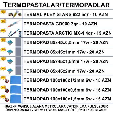 видеокарт: ⭐Termopad 100x100x0,5mm 6w – 15 AZN ⭐Termopad 100x100x1mm 6w – 15 AZN