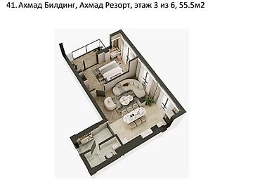 комната манас: 1 комната, 55 м², Элитка, 3 этаж, ПСО (под самоотделку) — 1