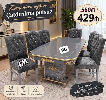 Dəbdəbəli yemək dəsti – 1 masa + 6 stul - Rəng və üslub: Boz-qızılı