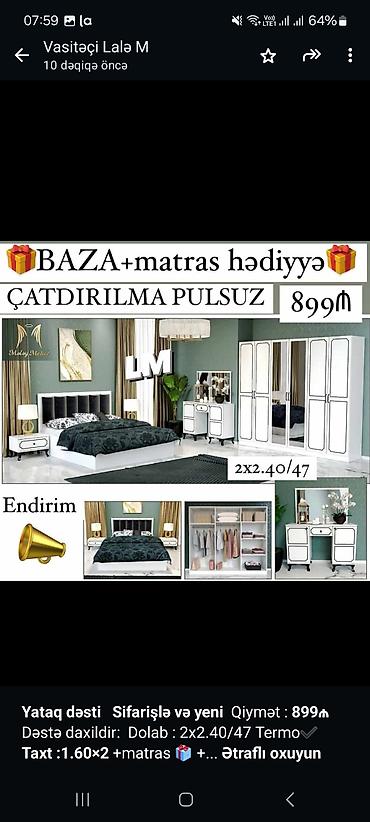 Sifarişlə mebel: *Yataq dəsti* *Sifarişlə və yeni* Qiymət : *899₼* Dəstə daxildir — 3