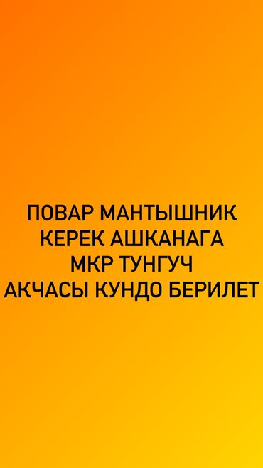Повара: Повар мантышник керек ашканага, мкр тунгуч. Зарплата кундо берилет